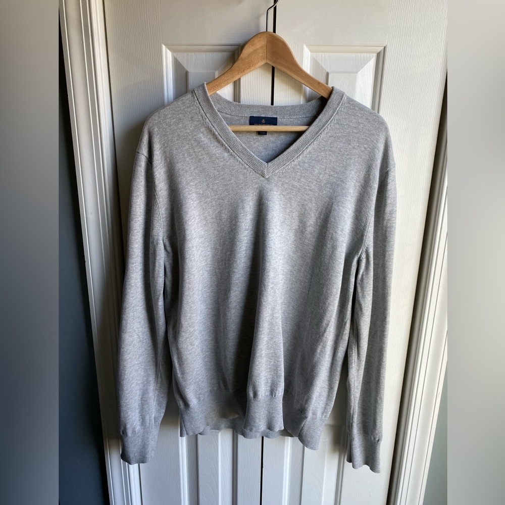 Brooks Brothers Mens Gray V Neck Pullover Sweater 100% Combed-Cotton Size Large